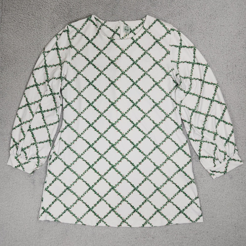 Classic Southern Smocks Dress Womens 2XL White Green Holly Print Long Sleeve NEW